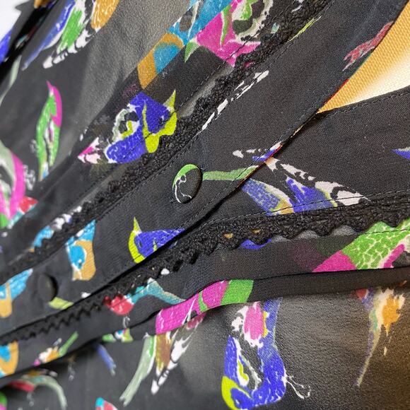 Uttam Boutique Sheer Colorful Bird Tie Neck Button Down Blouse Size Medium - Picture 6 of 15